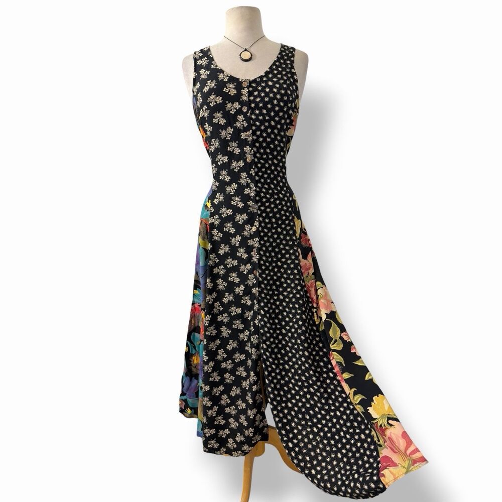VTG 90s Prairie Rose Black Patchwork Floral Mixed Print Cottagecore Maxi Dress 8